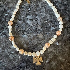 Gold and Cream Cross Pendant Necklace